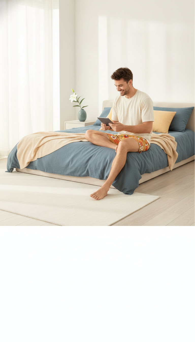 A man in a modern bedroom wears the CARTUNE pure cotton pajama set with a playful cartoon print, relaxing in natural sunlight