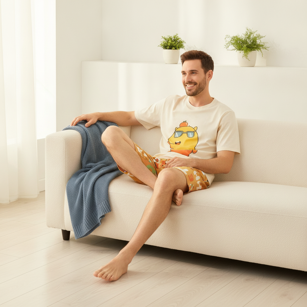A man in his late 20s, wearing a white and slate blue CARTUNE pure cotton pajama set, relaxes on a cream sofa in a modern liv
