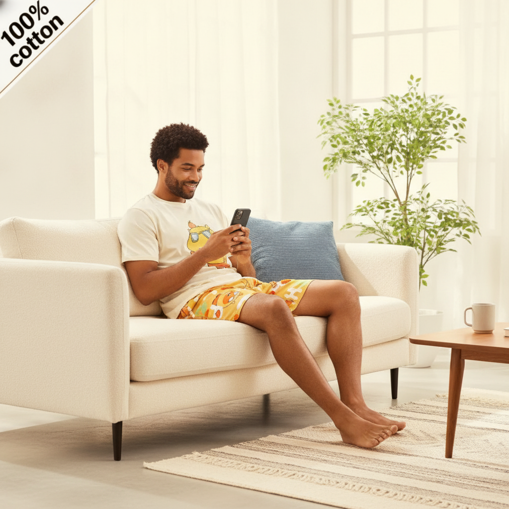 A man in a pure cotton CARTUNE pajama set with a cartoon print relaxes on a cream sofa, scrolling on his phone in a modern li