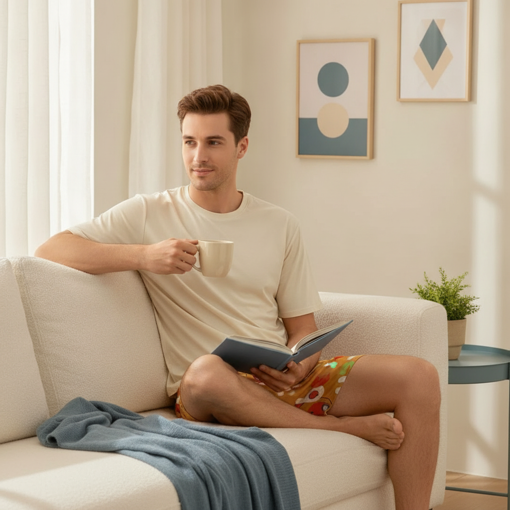 A man in his late 20s to early 30s relaxes in a sunlit room, wearing a blue and white CARTUNE pure cotton pajama set. He is l