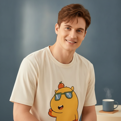 Close-up portrait of Alexander Hayes smiling, wearing a light blue pure cotton CARTUNE pajama top.