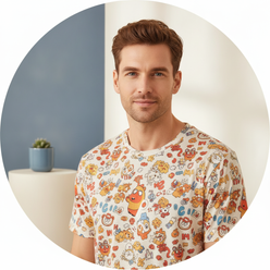 Portrait of Marcus Thorne smiling, wearing a soft cotton pajama top with a playful cartoon pattern.