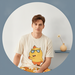 Portrait of Julian Vance, a man with short hair and a friendly expression, wearing a soft cotton pajama top, against a clean 