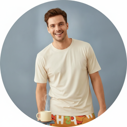 A smiling man, Cassian Moore, wearing a white and blue patterned pure cotton pajama top, looking relaxed and comfortable.