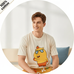 Portrait of a smiling man, Nico Bianchi, wearing a light blue pure cotton pajama top, against a clean white background.