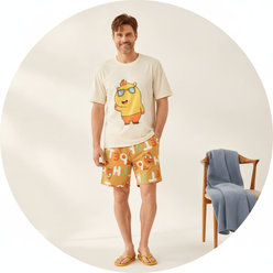 Dominic West, a middle-aged man, smiles in a circular portrait, wearing a soft pure cotton summer pajama set against a clean,