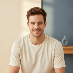 Headshot of Elias Thorne, a man with short brown hair and a warm smile, wearing a light-colored pajama top against a soft, cr
