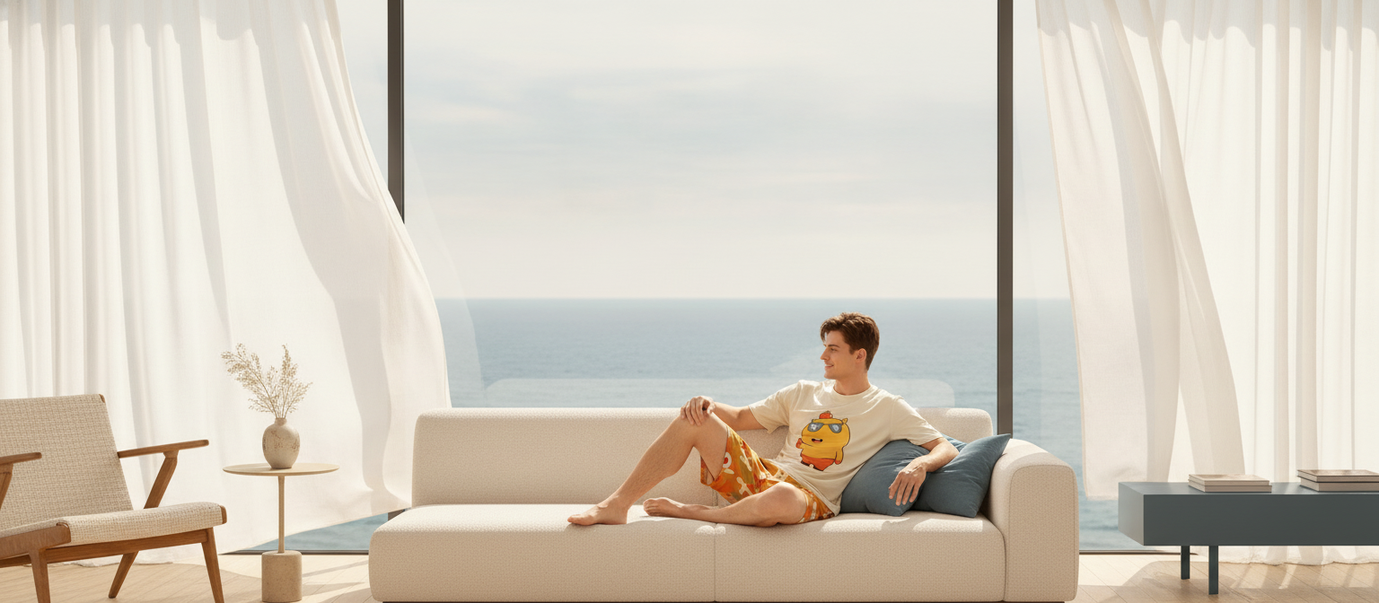 A man wearing a CARTUNE pure cotton pajama set lounges in a modern coastal home, with a serene ocean view in the background.