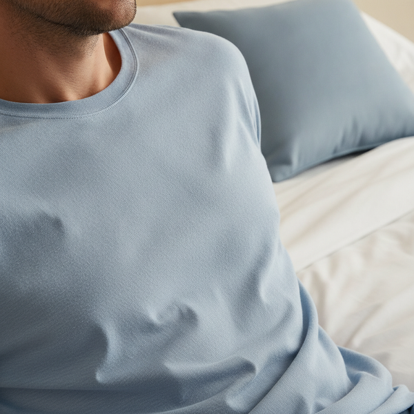 Close-up of a man's chest wearing a light slate blue cotton pajama top, fabric subtly rumpled, highlighting breathable textur