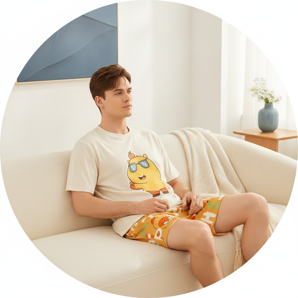 Man wearing a relaxed-fit pure cotton pajama top, lounging comfortably on a sofa in a modern living room.