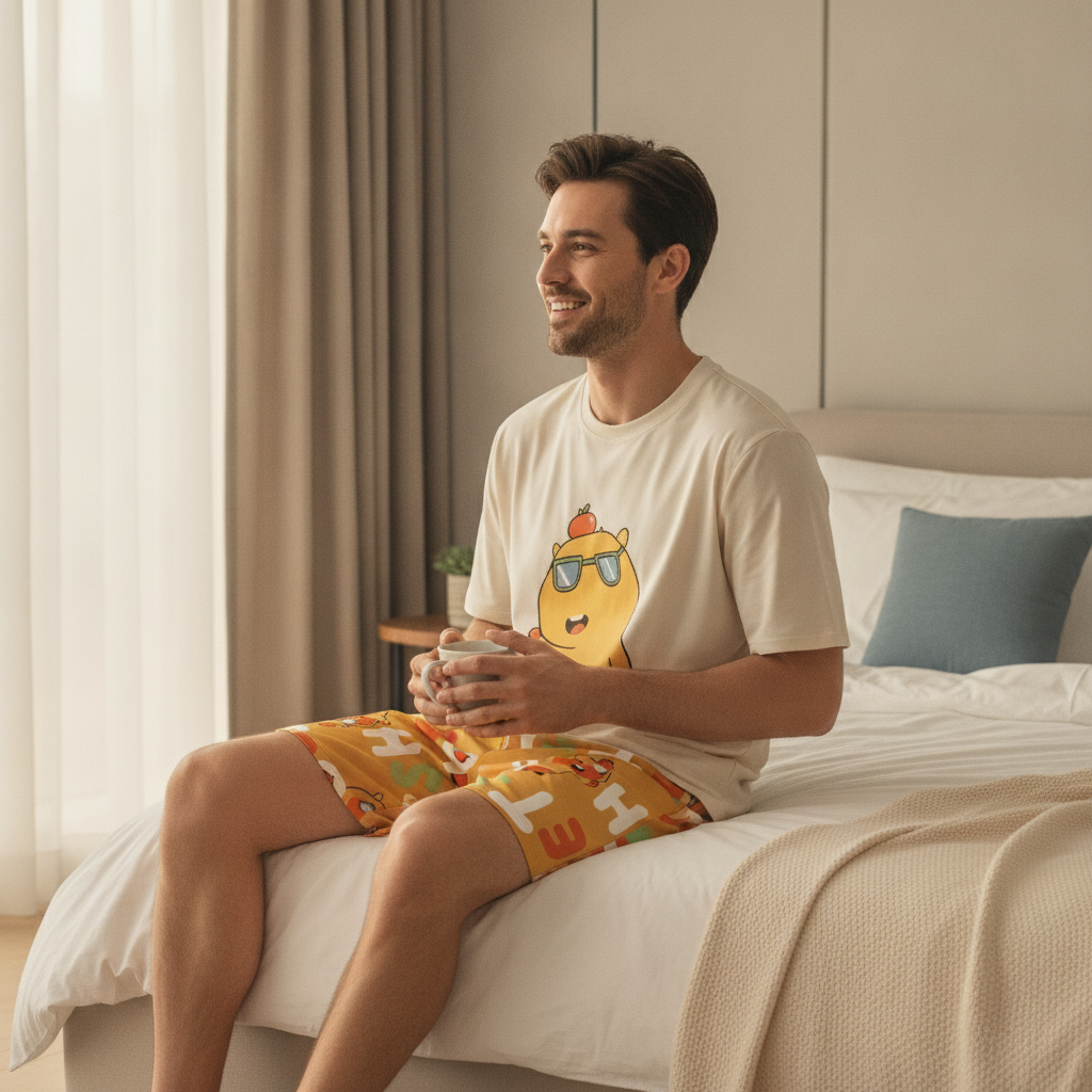 A smiling man in his late 20s, wearing a 'CARTUNE' cartoon-print pure cotton pajama set, relaxes in a sunlit modern bedroom. 