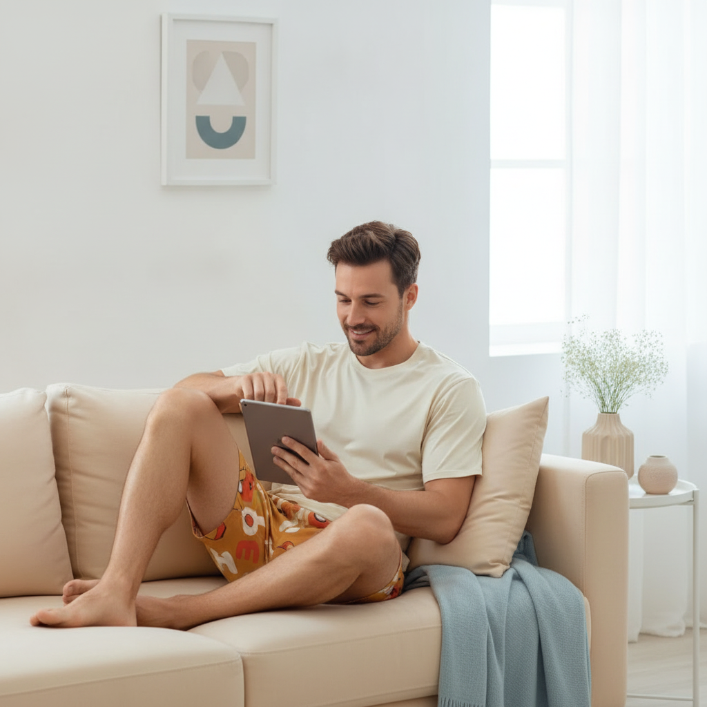 A man in his late 20s to early 30s relaxes on a warm cream sofa, wearing a two-piece CARTUNE pure cotton pajama set with a pl