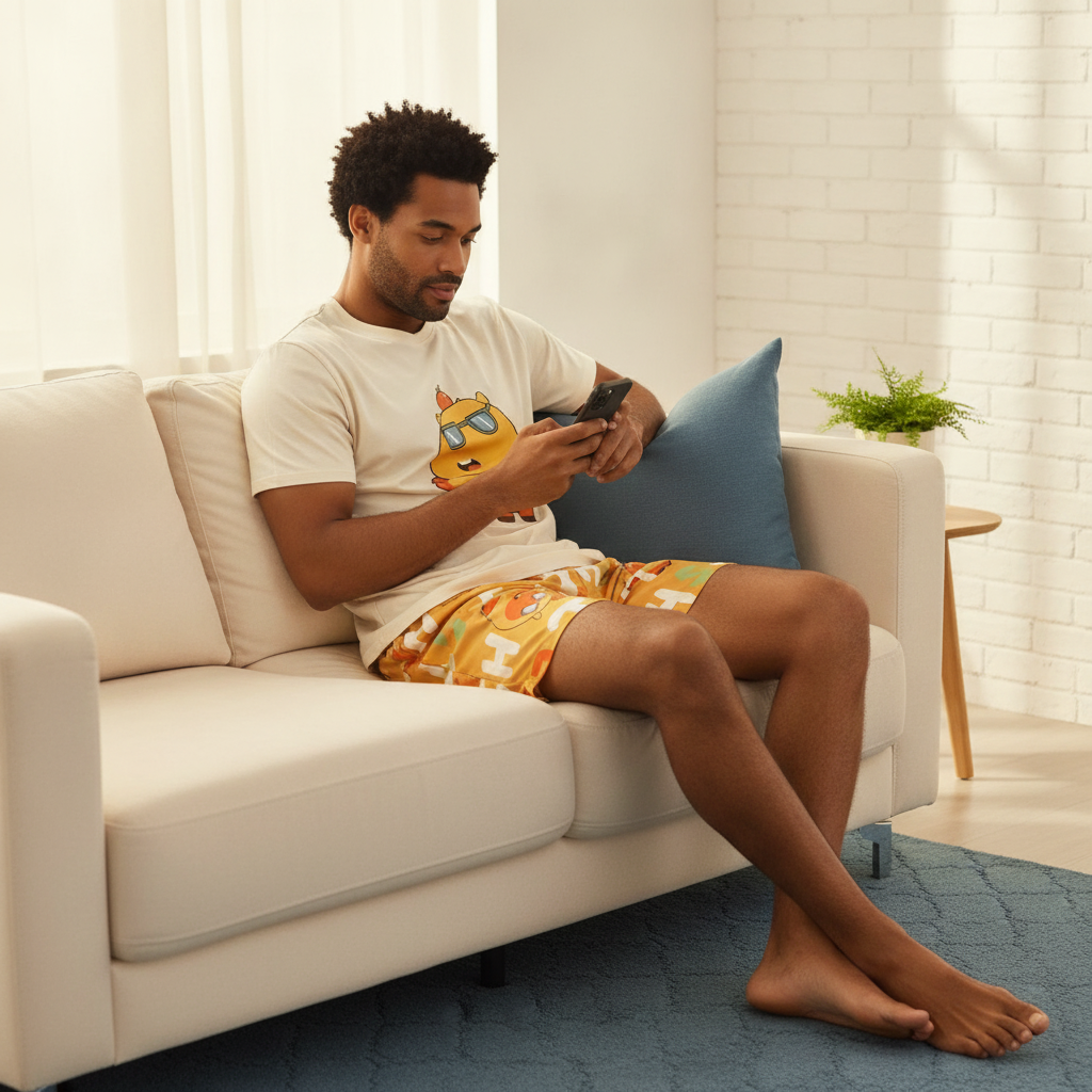 A man in his late 20s wearing a pure cotton pajama set with a playful cartoon pattern, relaxing on a cream sofa in a modern l